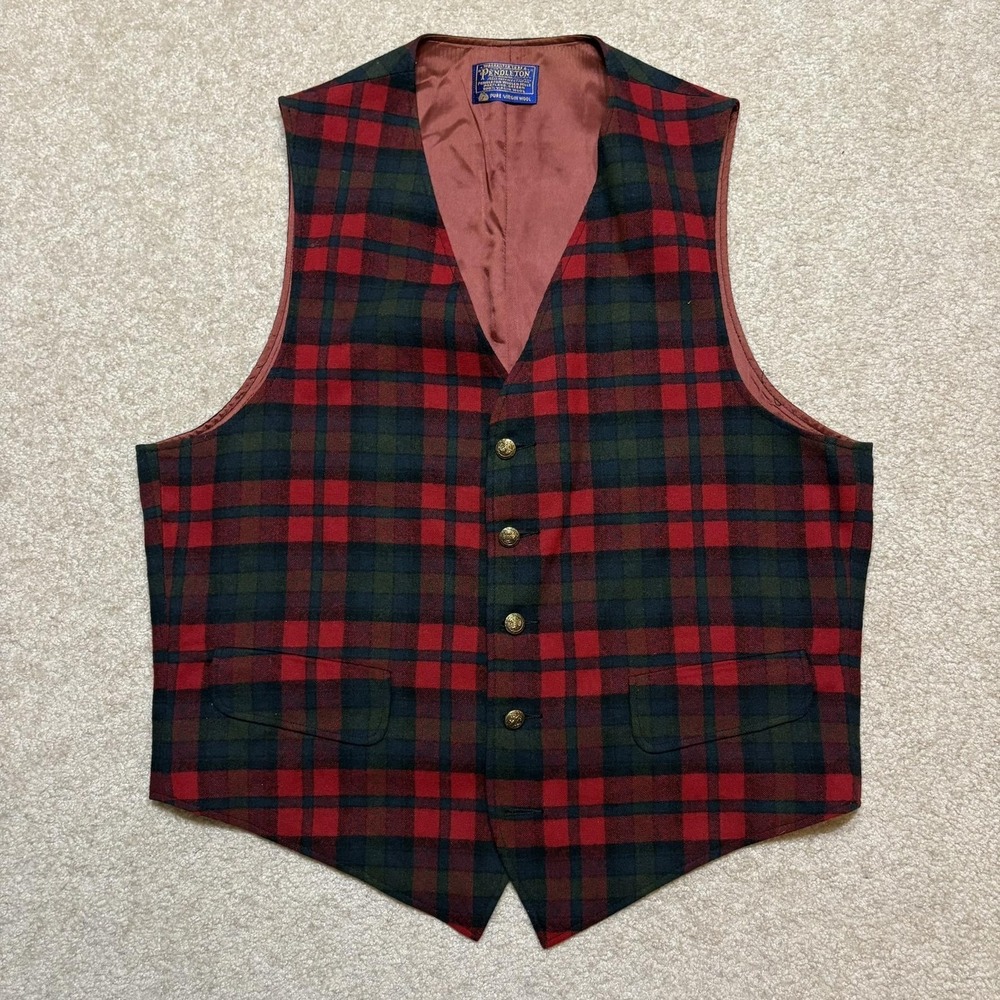 Vtg Pendleton Suit Vest Men Medium Red Tartan Buffalo Plaid Wool Lined Waistcoat